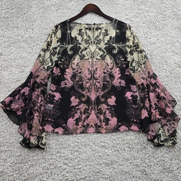 Boston‎ Proper Shirt Womens 6 Black Pink Sheer Bell Sleeve Whimsigoth Witchy Y2K - Picture 9 of 13